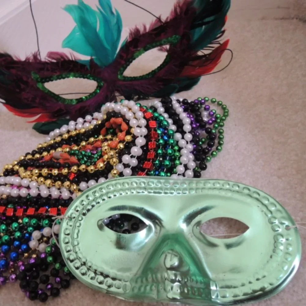 Mardi Gras Masks Beads LOT 24 Necklaces + 2 Bourbon Street Party Masks NEW